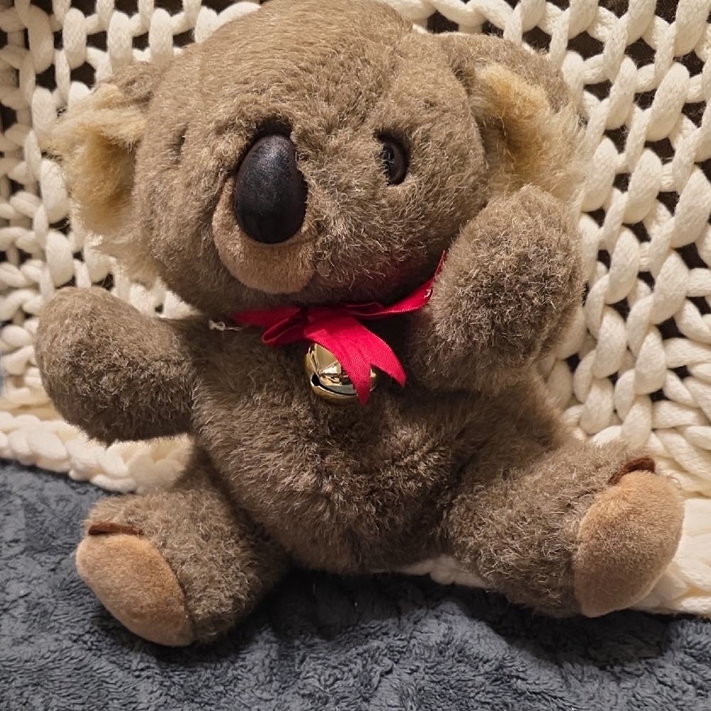 Adorable Brown Koala Plush Puppet w/ Red Bow & Bell 10 Inches Tall Vintage